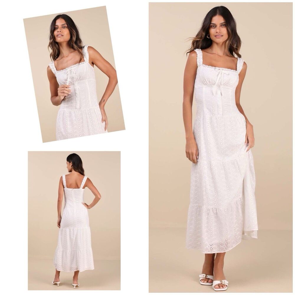 Lulus Nerissa Midi Dress White Eyelet Embroidered Drop Waist Size L NWOT